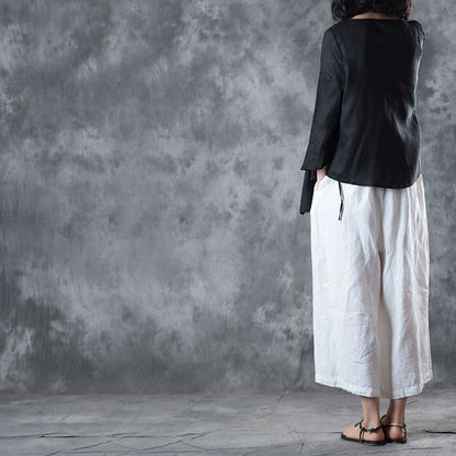 baggy black linen blouse plus size clothing holiday tops vintage half sleeve v neck tie waist linen t shirt