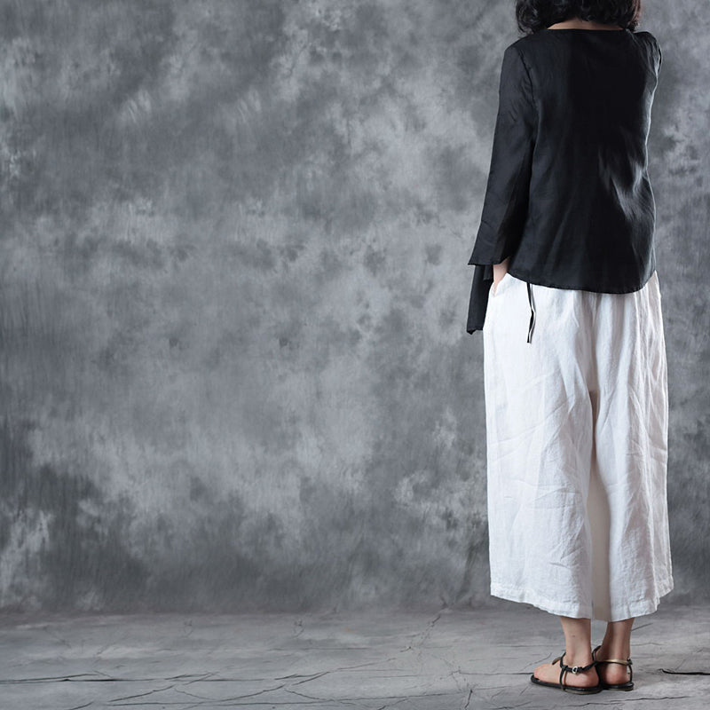 Baggy Black Linen Blouse Clothing Holiday Tops Half Sleeve V Neck Tie Waist Linen T Shirt