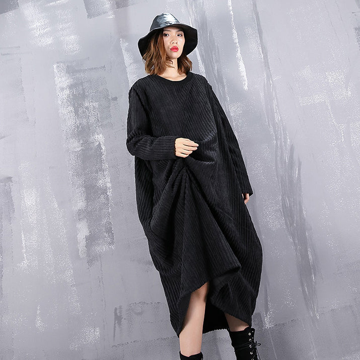 Baggy Black Maxi Dress O Neck Traveling Dress Fine Asymmetric Dresses