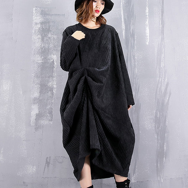 Baggy Black Maxi Dress O Neck Traveling Dress Fine Asymmetric Dresses