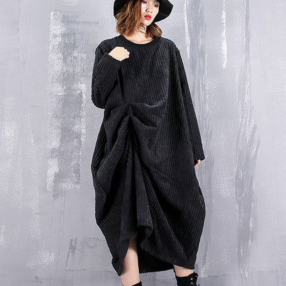 Baggy Black Maxi Dress O Neck Traveling Dress Fine Asymmetric Dresses