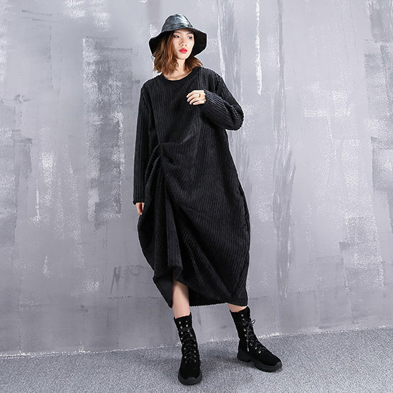 Baggy Black Maxi Dress O Neck Traveling Dress Fine Asymmetric Dresses