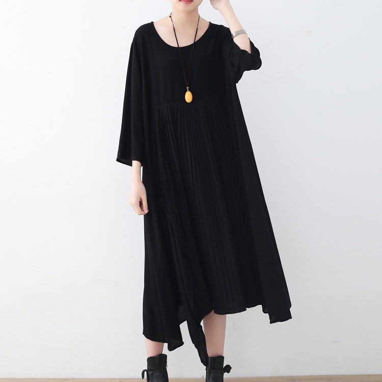 Baggy Black Natural Chiffon Dress Asymmetric Hem Caftans New O Neck Gown