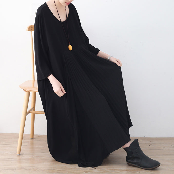 Baggy Black Natural Chiffon Dress Asymmetric Hem Caftans New O Neck Gown