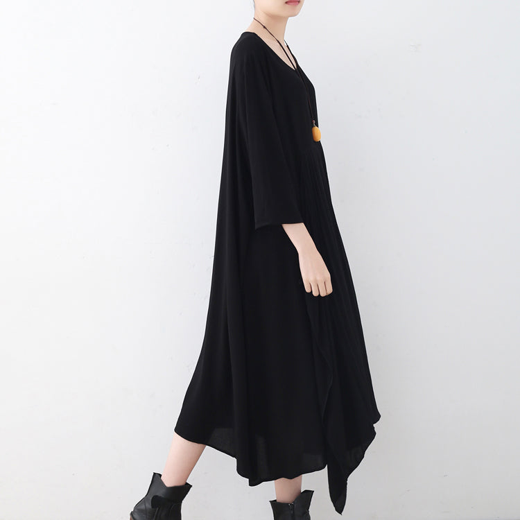 Baggy Black Natural Chiffon Dress Asymmetric Hem Caftans New O Neck Gown