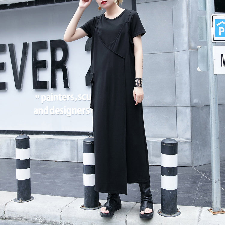 Baggy Black Natural Cotton Dress Dress One Side Long Hem Sleeveless Cotton Clothing Dress