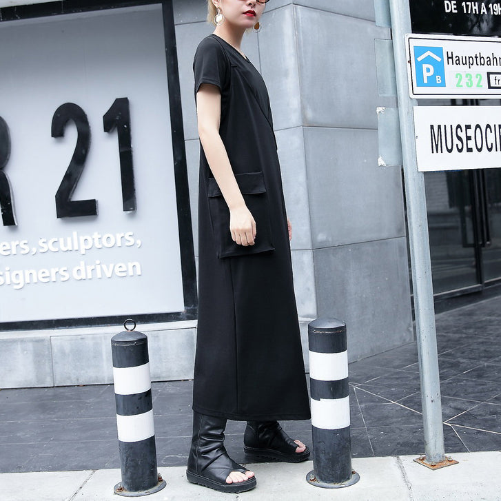 Baggy Black Natural Cotton Dress Dress One Side Long Hem Sleeveless Cotton Clothing Dress