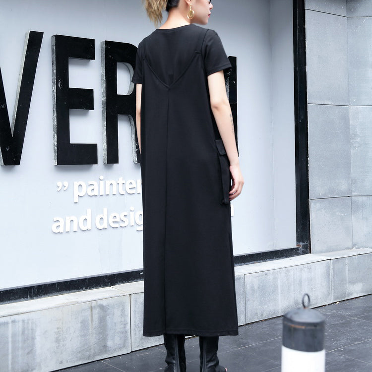 Baggy Black Natural Cotton Dress Dress One Side Long Hem Sleeveless Cotton Clothing Dress