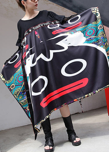 Baggy Black Print Long Cotton Dress Patchwork Tulle Tie Cotton Dress New Asymmetric Hem Dresses
