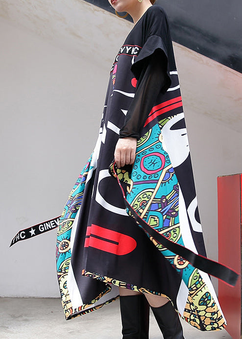 Baggy Black Print Long Cotton Dress Patchwork Tulle Tie Cotton Dress New Asymmetric Hem Dresses