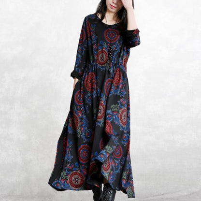 Baggy Black Print Natural Cotton Blended Dress Clothing O Neck Pockets Cotton Blended Gown Boutique Long Sleeve Tie Waist Autumn Dress