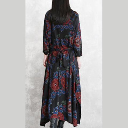 Baggy Black Print Natural Cotton Blended Dress Clothing O Neck Pockets Cotton Blended Gown Boutique Long Sleeve Tie Waist Autumn Dress