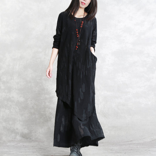 Baggy Black Pure Cotton Blended Blouse Two Pieces New Long Sleeve Asymmetric O Neck Jacquard Tops