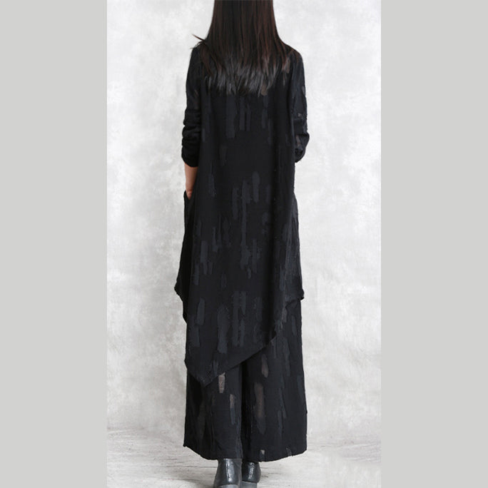 Baggy Black Pure Cotton Blended Blouse Two Pieces New Long Sleeve Asymmetric O Neck Jacquard Tops