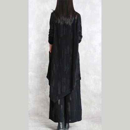 Baggy Black Pure Cotton Blended Blouse Two Pieces New Long Sleeve Asymmetric O Neck Jacquard Tops