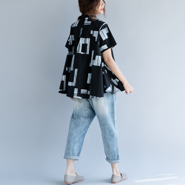 Baggy Black Pure Cotton Tops Linen Maxi T Shirts Boutique Stand Short Sleeve Striped Clothing Tops