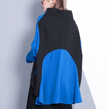 Baggy Blue Cotton Blended Tops Clothing Turtleneck Pockets Batwing Sleeve Patchwork Cotton Blended Tops