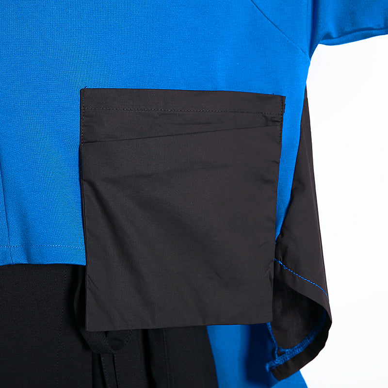 Baggy Blue Cotton Blended Tops Clothing Turtleneck Pockets Batwing Sleeve Patchwork Cotton Blended Tops