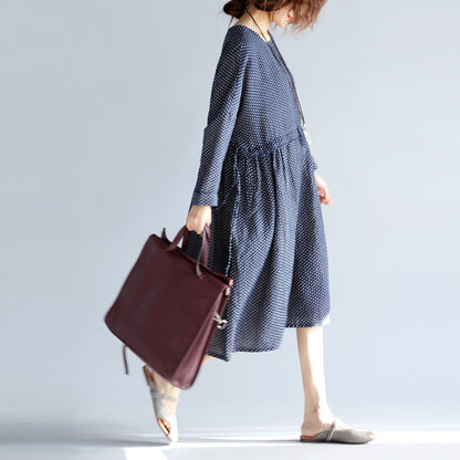 Baggy Blue Cotton Linen Knee Dress Traveling Clothing Long Sleeve Large Hem O Neck Dotted Knee Dresses