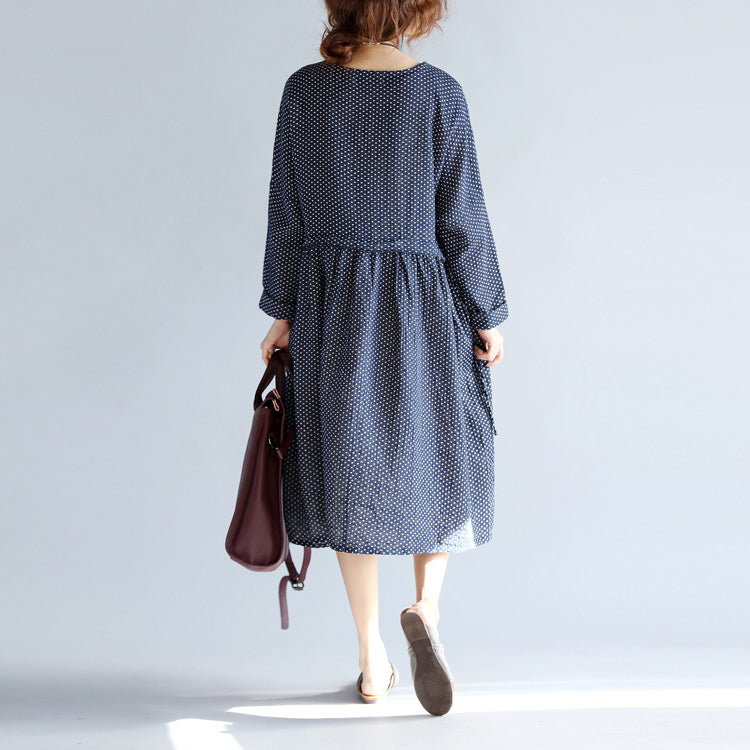 Baggy Blue Cotton Linen Knee Dress Traveling Clothing Long Sleeve Large Hem O Neck Dotted Knee Dresses