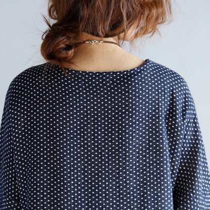 Baggy Blue Cotton Linen Knee Dress Traveling Clothing Long Sleeve Large Hem O Neck Dotted Knee Dresses