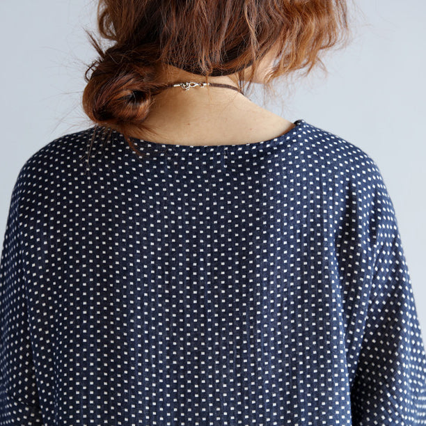 Baggy Blue Cotton Linen Knee Dress Traveling Clothing Long Sleeve Large Hem O Neck Dotted Knee Dresses