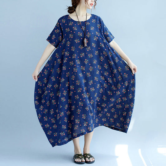 Baggy Blue Cotton Dresses Oversize Short Sleeve Cotton Dresses Big Hem Gown