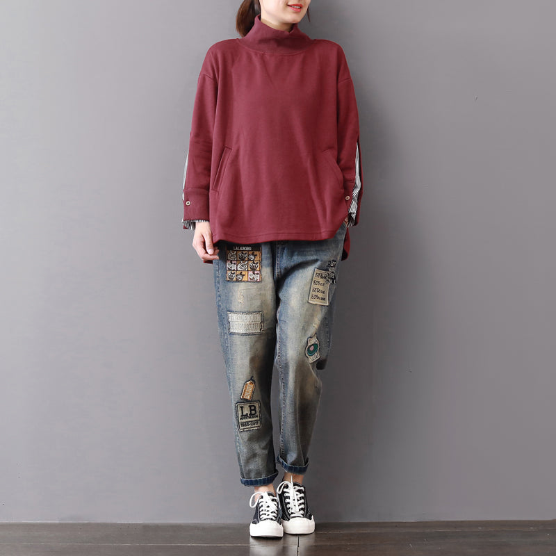 Baggy Burgundy Midi-length Cotton T Shirt Traveling Blouse Long Sleeve High Collar Cotton Clothing