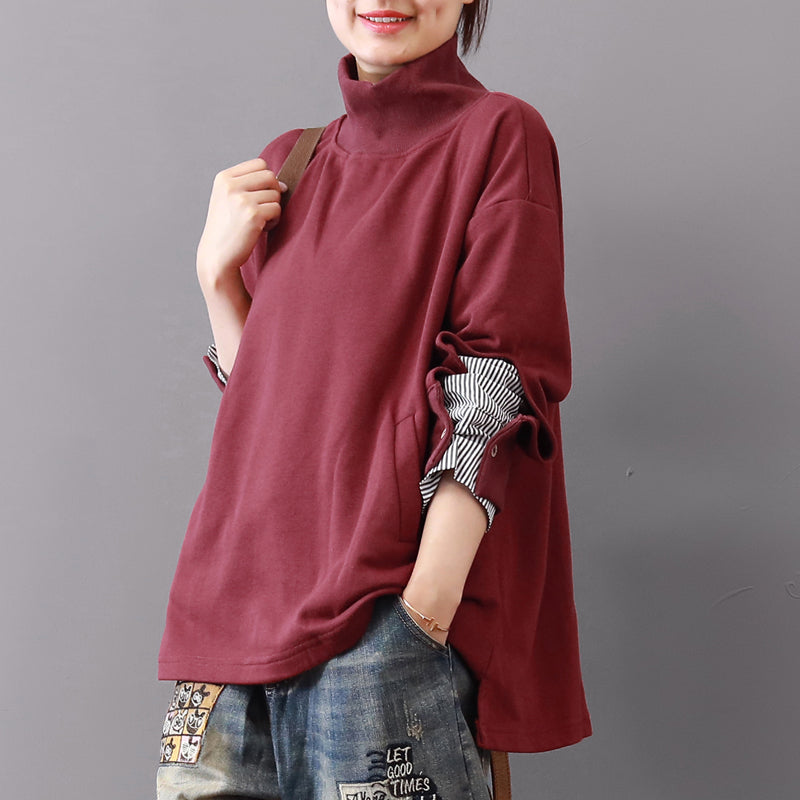 baggy burgundy Midi-length cotton t shirt plus size traveling blouse vintage long sleeve high collar cotton clothing