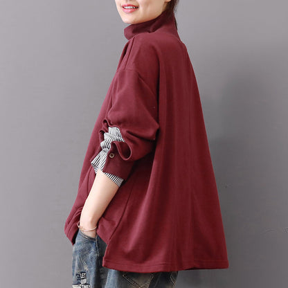 baggy burgundy Midi-length cotton t shirt plus size traveling blouse vintage long sleeve high collar cotton clothing