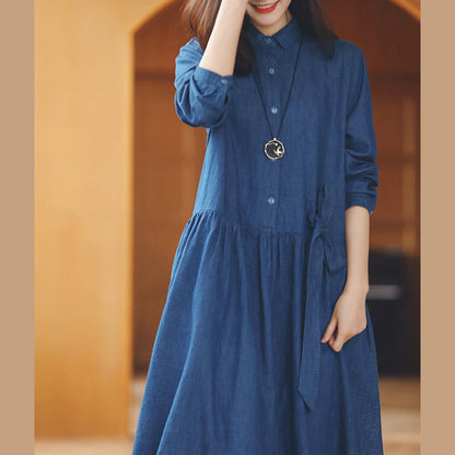 Baggy Denim Blue Long Cotton Linen Dresses Turn-down Collar Tie Waist Traveling Dress Fine Long Sleeve Baggy Dresses