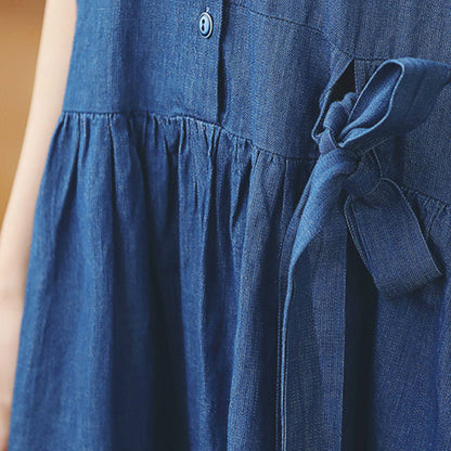 Baggy Denim Blue Long Cotton Linen Dresses Turn-down Collar Tie Waist Traveling Dress Fine Long Sleeve Baggy Dresses