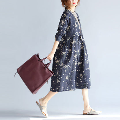 Baggy Gray Blue Print Cotton Linen Dress O Neck Baggy Dresses Traveling Clothing Long Sleeve Pockets Dresses