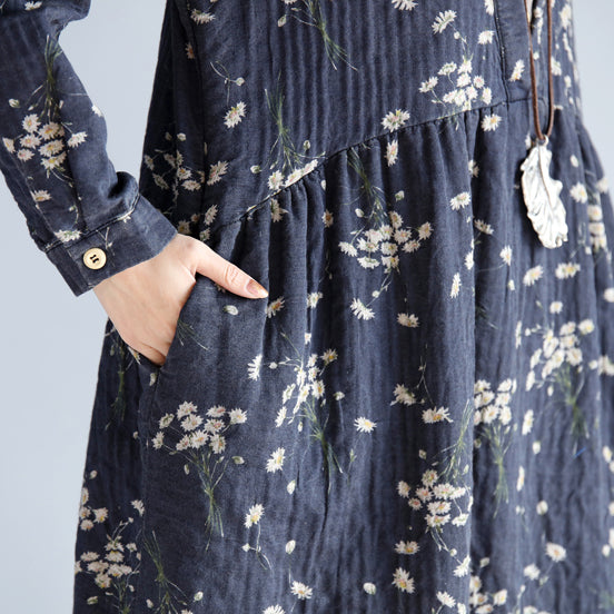 Baggy Gray Blue Print Cotton Linen Dress O Neck Baggy Dresses Traveling Clothing Long Sleeve Pockets Dresses