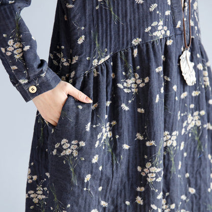 Baggy Gray Blue Print Cotton Linen Dress O Neck Baggy Dresses Traveling Clothing Long Sleeve Pockets Dresses