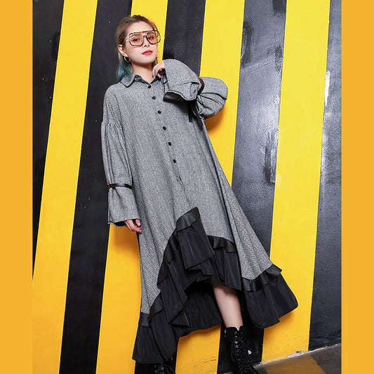 Baggy Gray Lapel Patchwork Traveling Clothing Fine Large Hem Baggy Dresses