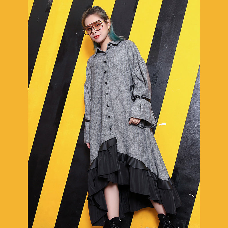 Baggy Gray Lapel Patchwork Traveling Clothing Fine Large Hem Baggy Dresses