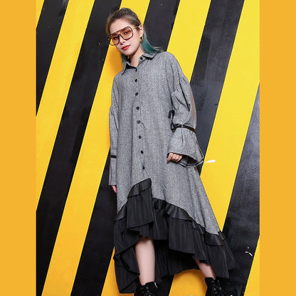 Baggy Gray Lapel Patchwork Traveling Clothing Fine Large Hem Baggy Dresses