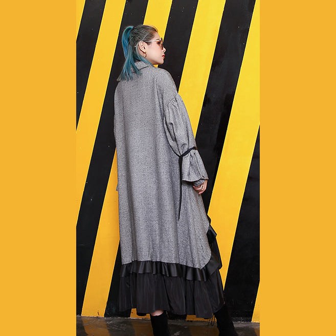 Baggy Gray Lapel Patchwork Traveling Clothing Fine Large Hem Baggy Dresses