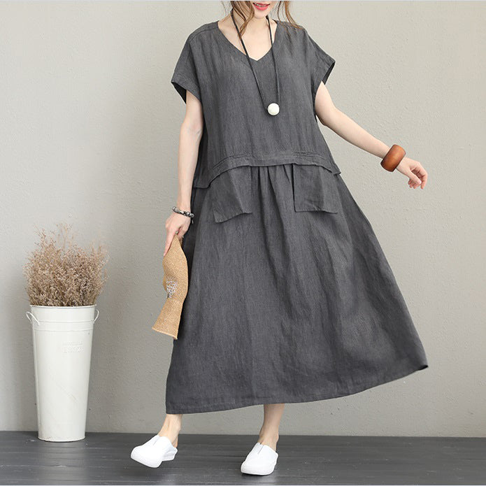 Baggy Gray Linen Maxi Dress Clothing V Neck Linen Clothing Dresses Fine Two Big Pockets Gown