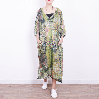 Baggy Green Linen Maxi Dress V Neck Gown Side Open Caftans