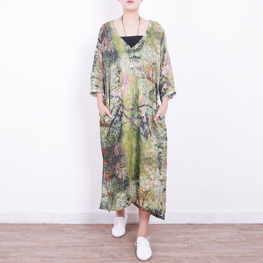 Baggy Green Linen Maxi Dress V Neck Gown Side Open Caftans