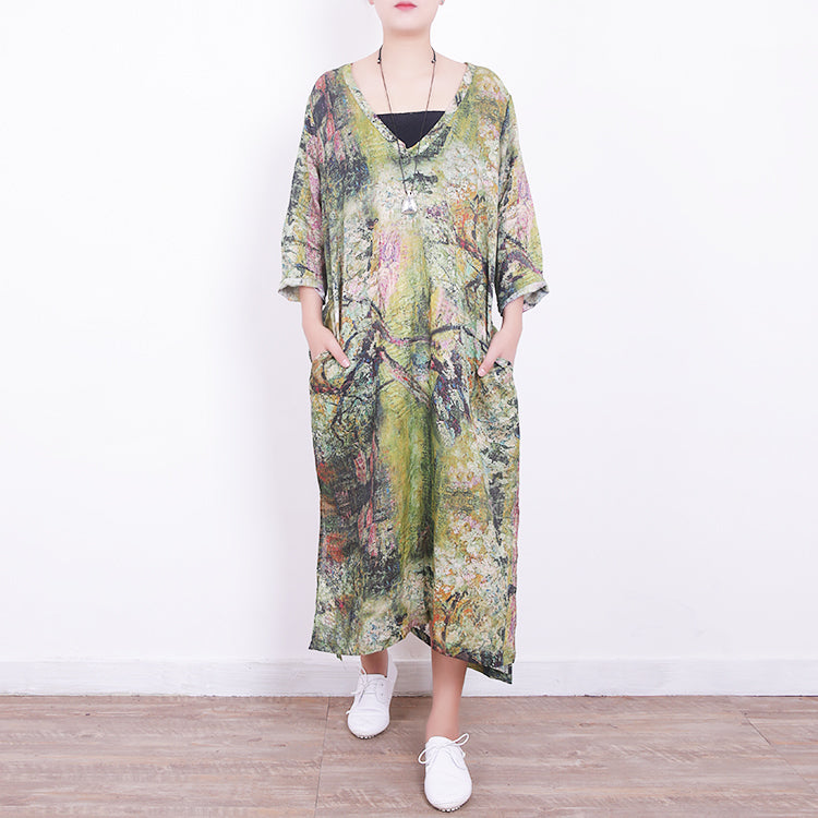 Baggy Green Linen Maxi Dress V Neck Gown Side Open Caftans
