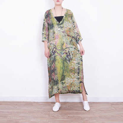 Baggy Green Linen Maxi Dress V Neck Gown Side Open Caftans