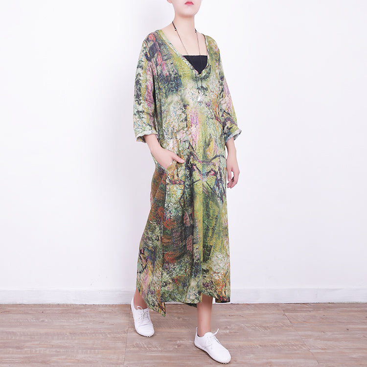 Baggy Green Linen Maxi Dress V Neck Gown Side Open Caftans
