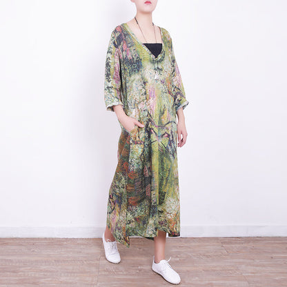 Baggy Green Linen Maxi Dress V Neck Gown Side Open Caftans