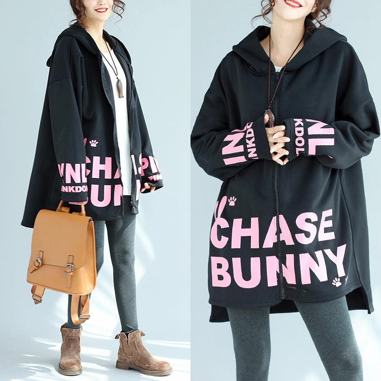Baggy Loose Black Cotton Hooded Coats Winter Oversize Prints Outwear