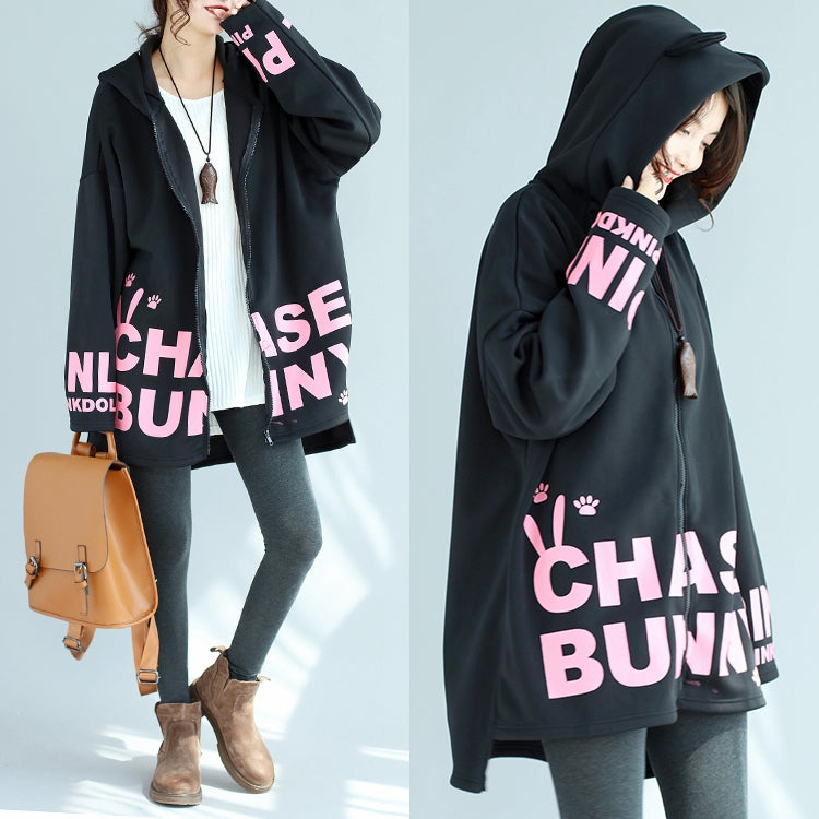 Baggy Loose Black Cotton Hooded Coats Winter Oversize Prints Outwear