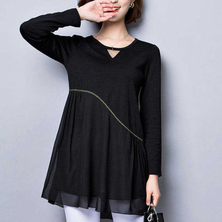 Baggy Loose Black Patchwork Chiffon Dresses Long Sleeve Dress