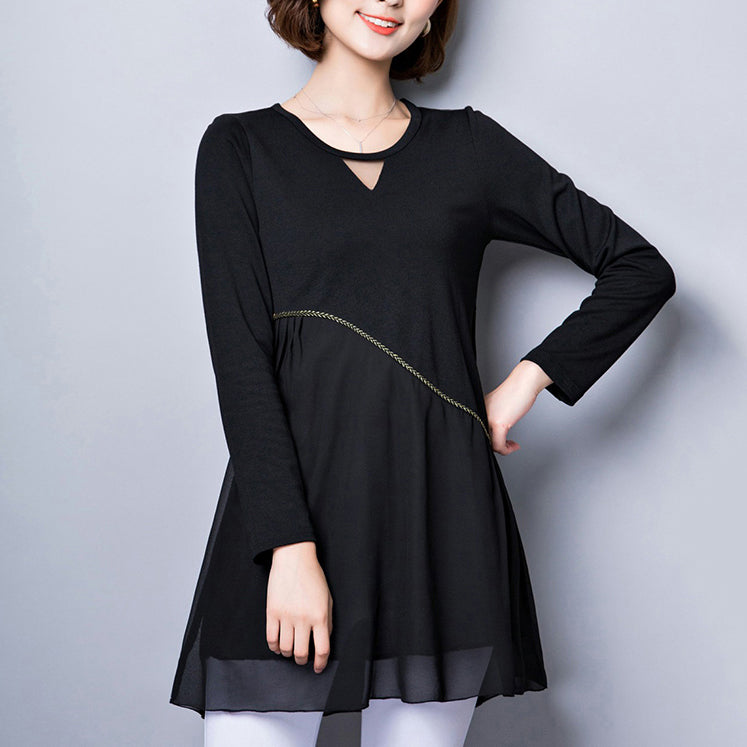 Baggy Loose Black Patchwork Chiffon Dresses Long Sleeve Dress
